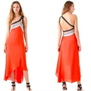 BCBG Maxazria Runway Kaia Coral & Gray Silk Asymmetrical Strappy Dress Size XS